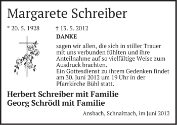 Traueranzeige von Margarete Schreiber von Pegnitz-Zeitung